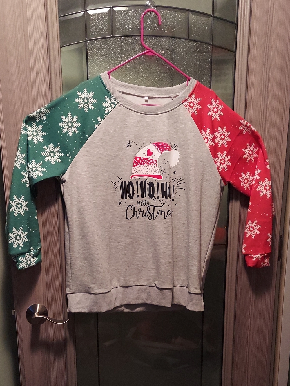 Womans Grey Christmas Raglan Sweatshirt with Red & Green Snowflake Sleeves